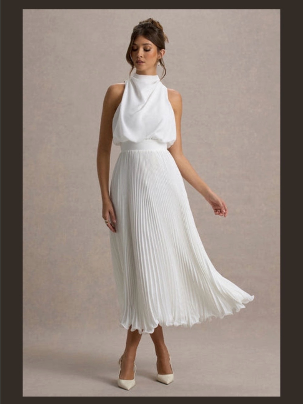 Club L London: White Cowl Neck Midi Dress with Plisse Skirt, size 2